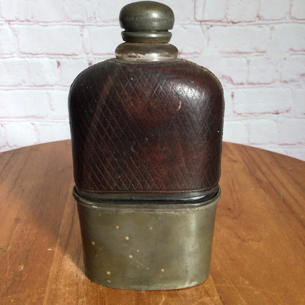 Antique 1860’s Civil War Era Leather Glass Pewter Hip Flask With Removable Cup